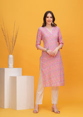 Charming Pink  Printed Cotton Long Kurti-Perfect Blend Of Style And Comfort